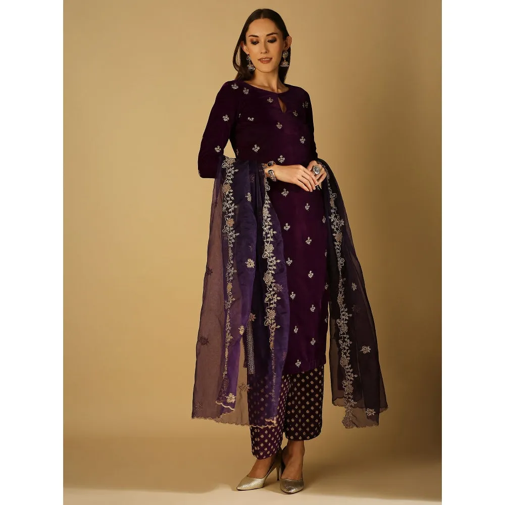 Monk & Mei Ruhani-Kurta Palazzo Dupatta - Violet (Set Of 3)
