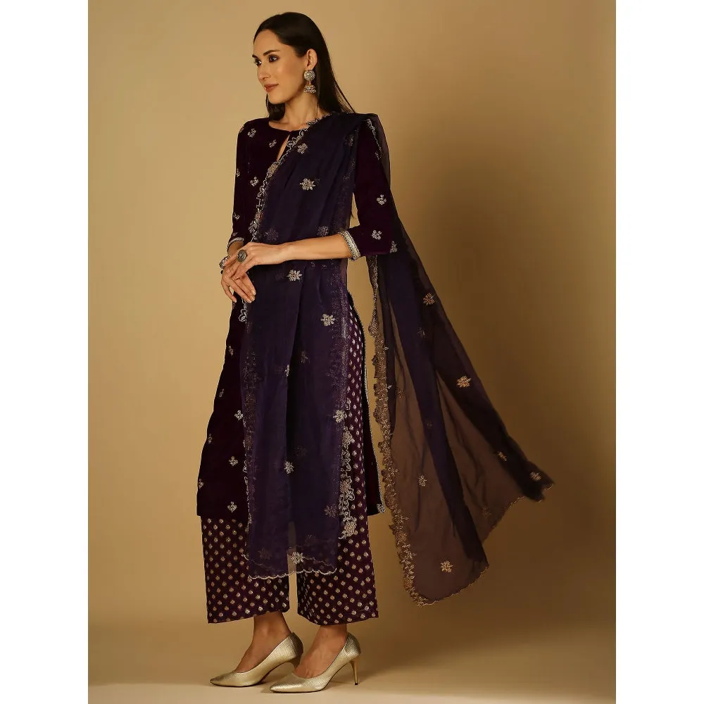 Monk & Mei Ruhani-Kurta Palazzo Dupatta - Violet (Set Of 3)