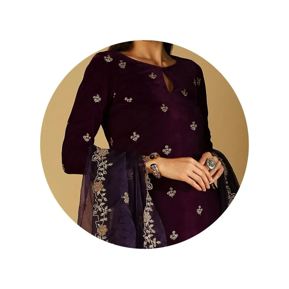 Monk & Mei Ruhani-Kurta Palazzo Dupatta - Violet (Set Of 3)