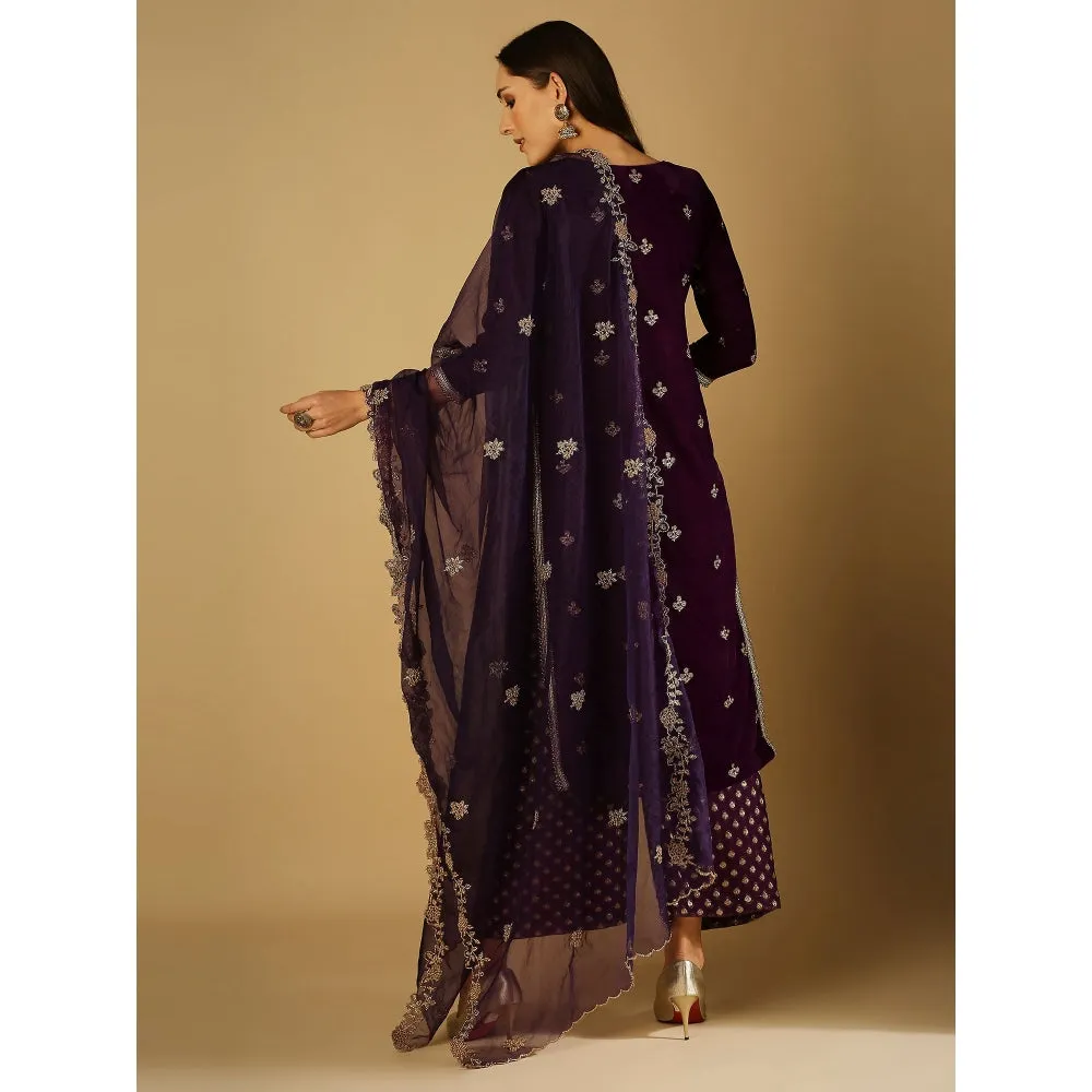 Monk & Mei Ruhani-Kurta Palazzo Dupatta - Violet (Set Of 3)