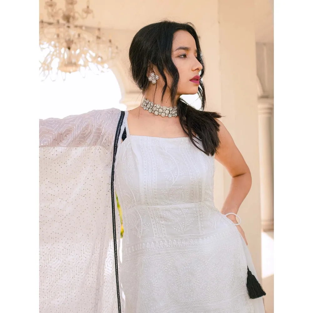 MONK & MEI Sharmila Chikanakari Kurta- White