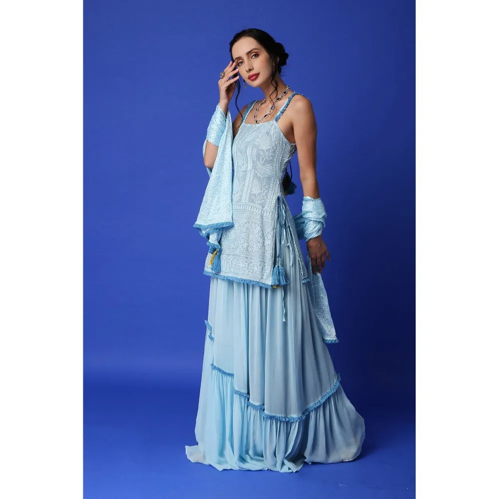 MONK & MEI Sharmila Chikankari Kurta & Lehenga Skirt - Ice Blue