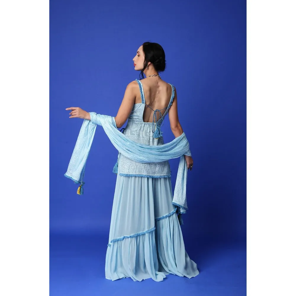 MONK & MEI Sharmila Chikankari Kurta & Lehenga Skirt - Ice Blue