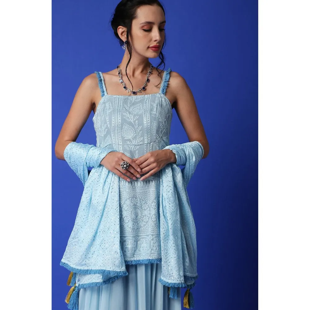 MONK & MEI Sharmila Chikankari Kurta & Lehenga Skirt - Ice Blue