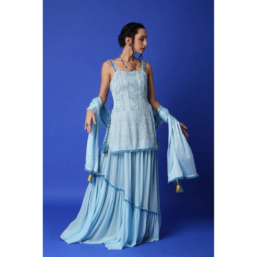 MONK & MEI Sharmila Chikankari Kurta & Lehenga Skirt - Ice Blue