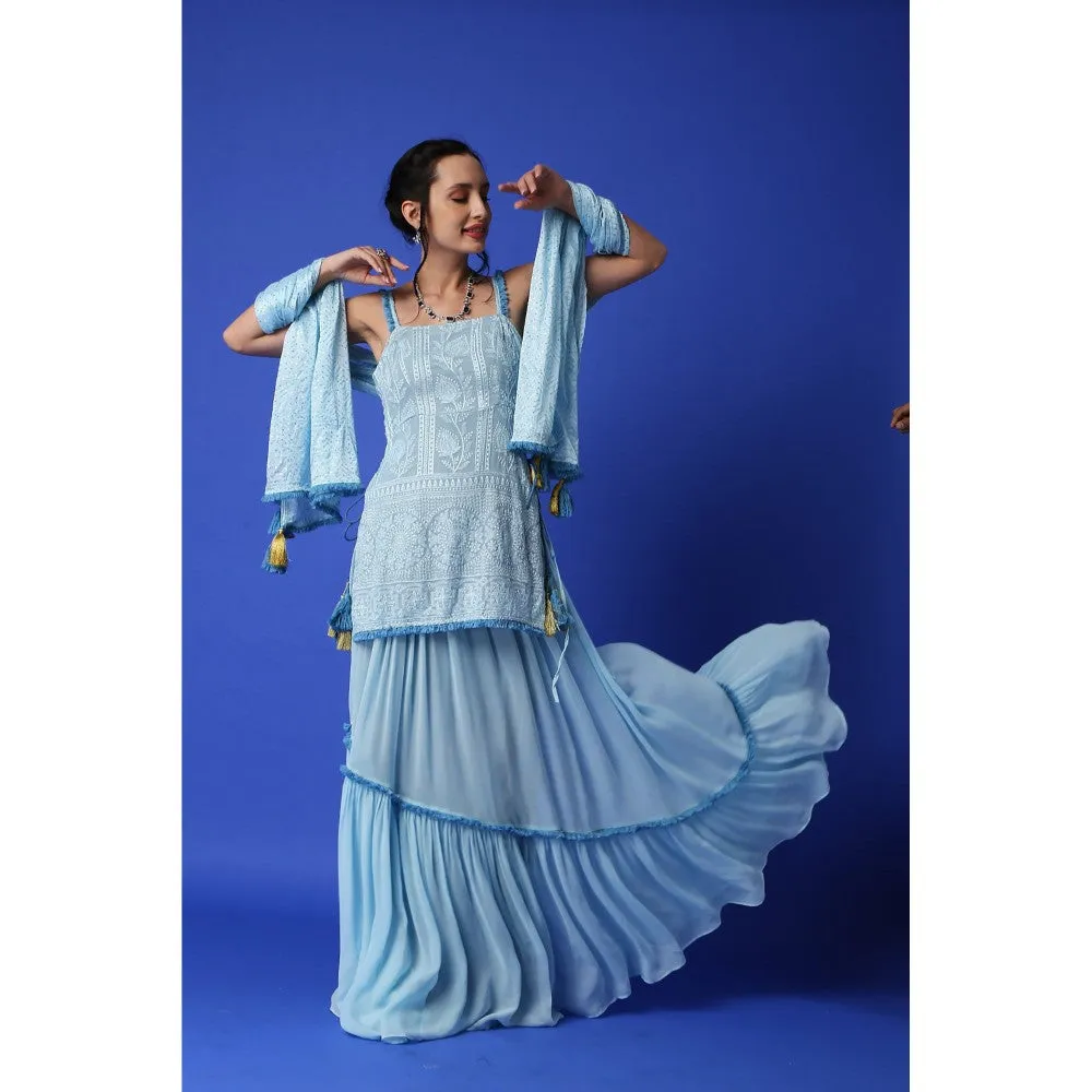 MONK & MEI Sharmila Chikankari Kurta & Lehenga Skirt - Ice Blue