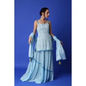 MONK & MEI Sharmila Chikankari Kurta & Lehenga Skirt - Ice Blue