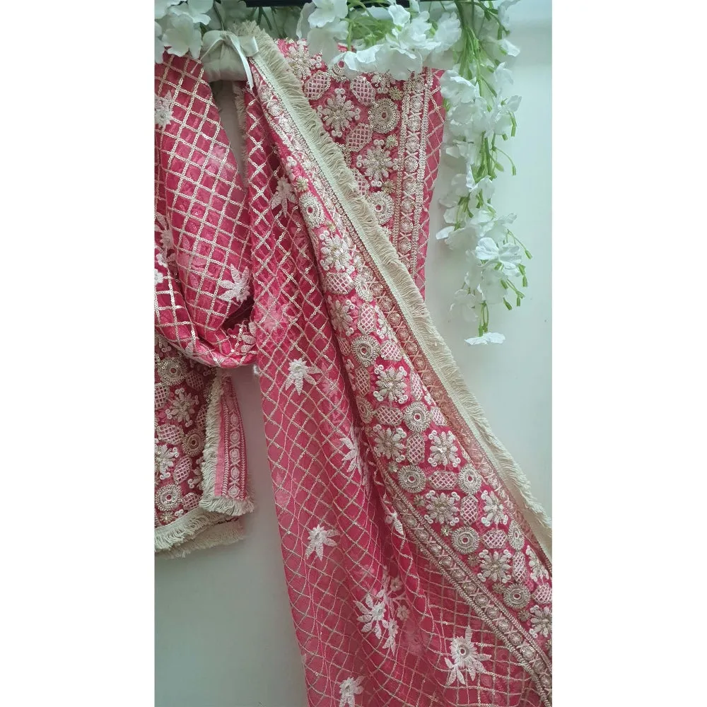 Monk & Mei Zari Embroidered Jaal Dupatta - Rani Color