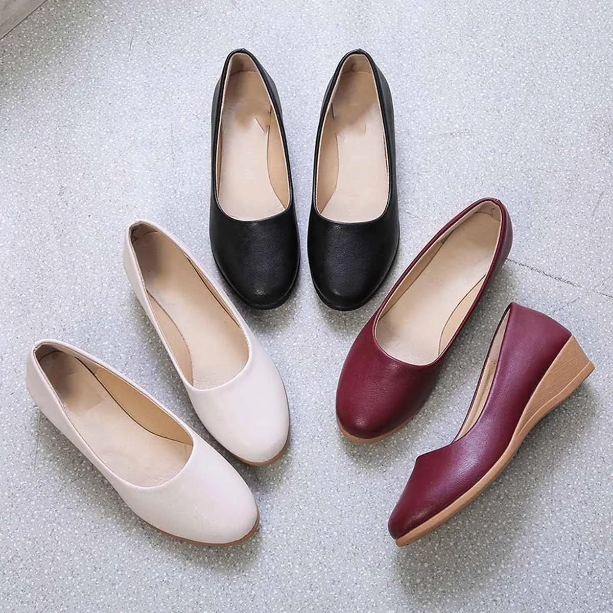 MSYINGL Women's Wedge Pumps,Leather Low Heeled Round Toe Wedge, Slip on Dress Pumps Shoes,Work Casual Walking Shoes