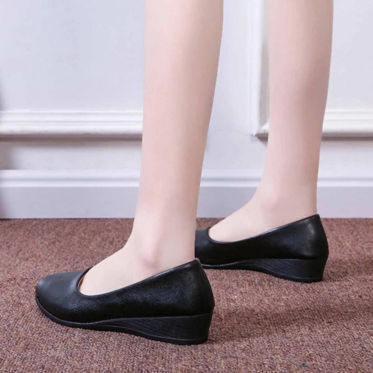 MSYINGL Women's Wedge Pumps,Leather Low Heeled Round Toe Wedge, Slip on Dress Pumps Shoes,Work Casual Walking Shoes