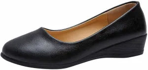 MSYINGL Women's Wedge Pumps,Leather Low Heeled Round Toe Wedge, Slip on Dress Pumps Shoes,Work Casual Walking Shoes