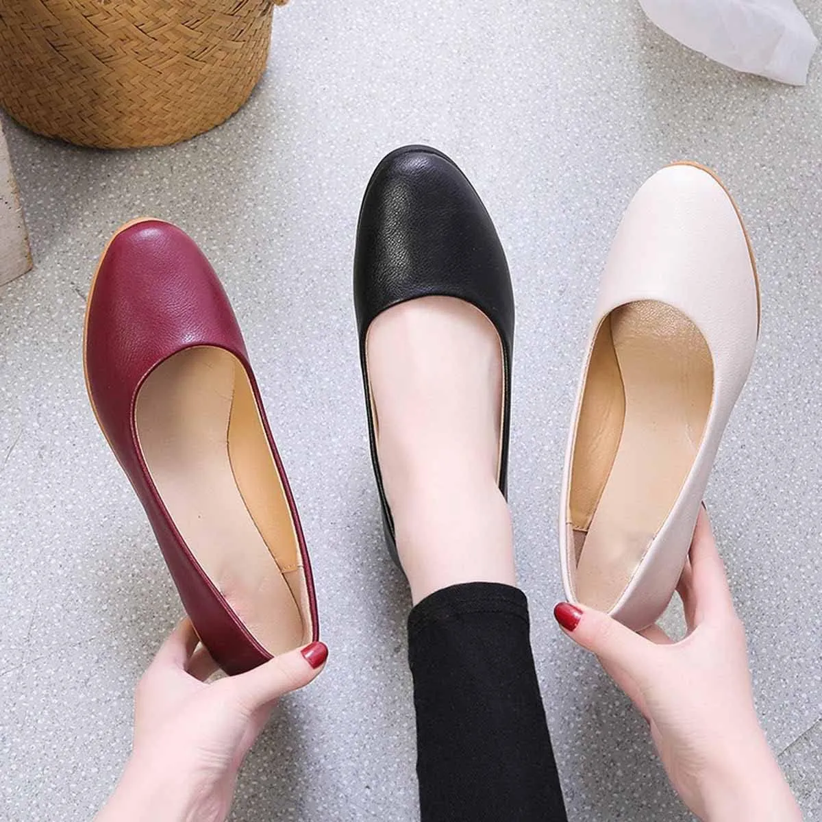 MSYINGL Women's Wedge Pumps,Leather Low Heeled Round Toe Wedge, Slip on Dress Pumps Shoes,Work Casual Walking Shoes