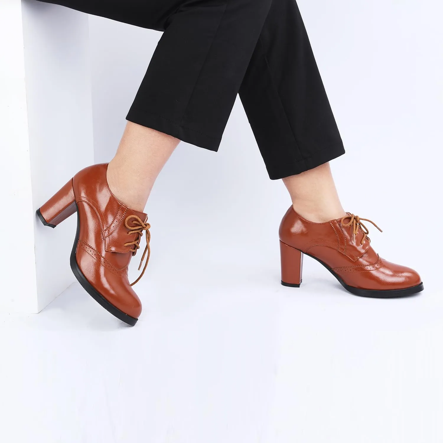 Odema Womens PU Leather Oxfords Brogue Wingtip Lace Up Dress Shoes Chunky High Heels Pumps Oxfords
