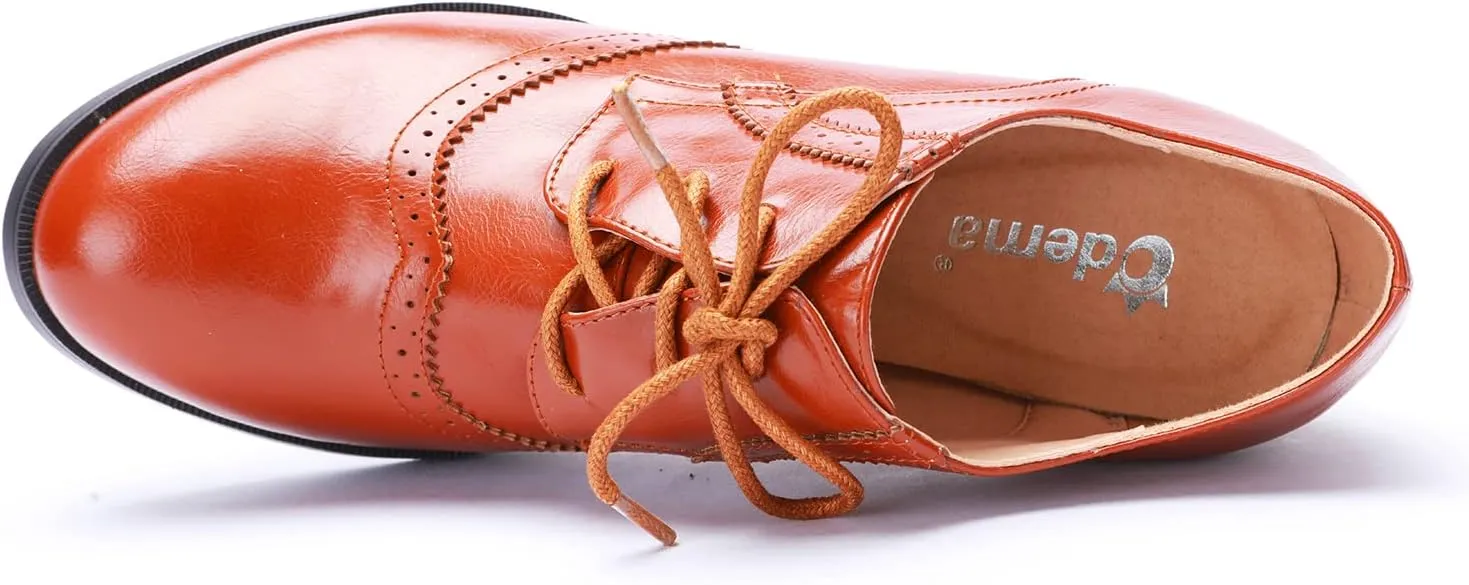 Odema Womens PU Leather Oxfords Brogue Wingtip Lace Up Dress Shoes Chunky High Heels Pumps Oxfords