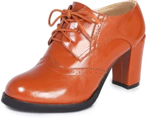 Odema Womens PU Leather Oxfords Brogue Wingtip Lace Up Dress Shoes Chunky High Heels Pumps Oxfords