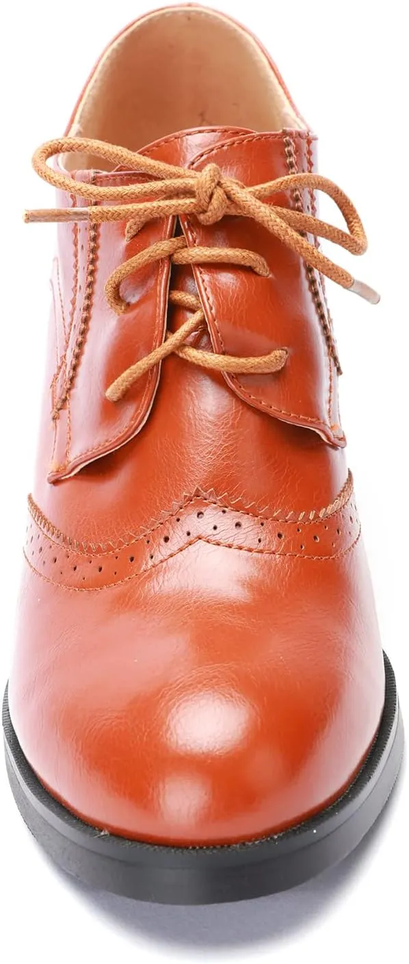 Odema Womens PU Leather Oxfords Brogue Wingtip Lace Up Dress Shoes Chunky High Heels Pumps Oxfords