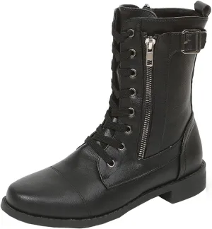 oiangi Womens Winter Boots 2022 Fashion Round Toe Lace Up Side Zipper Belt Buckle Block Chunky Low Heel Mid Calf Boots Solid Dressy Casual Comfy Ladies Shoes