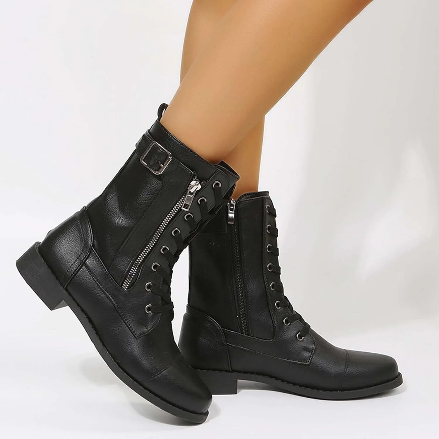 oiangi Womens Winter Boots 2022 Fashion Round Toe Lace Up Side Zipper Belt Buckle Block Chunky Low Heel Mid Calf Boots Solid Dressy Casual Comfy Ladies Shoes