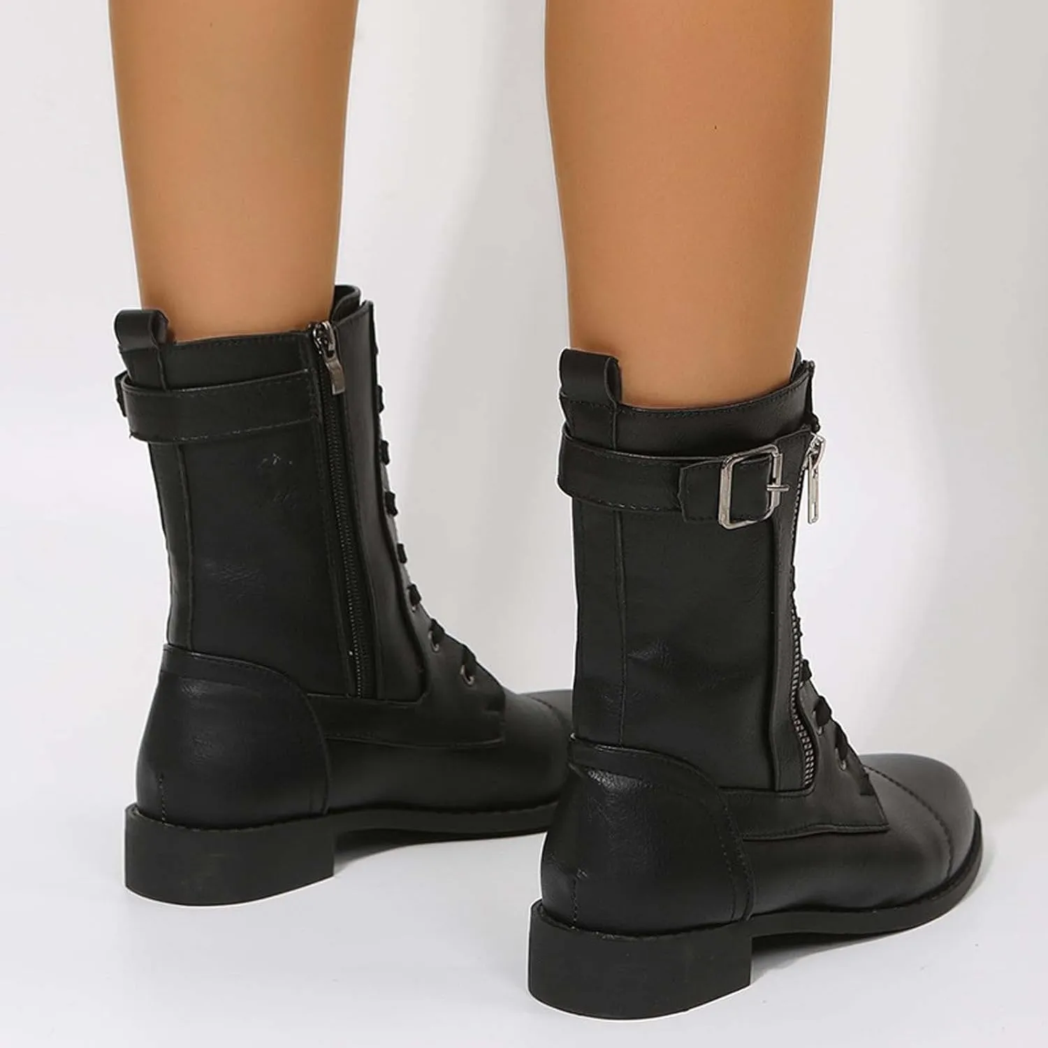 oiangi Womens Winter Boots 2022 Fashion Round Toe Lace Up Side Zipper Belt Buckle Block Chunky Low Heel Mid Calf Boots Solid Dressy Casual Comfy Ladies Shoes
