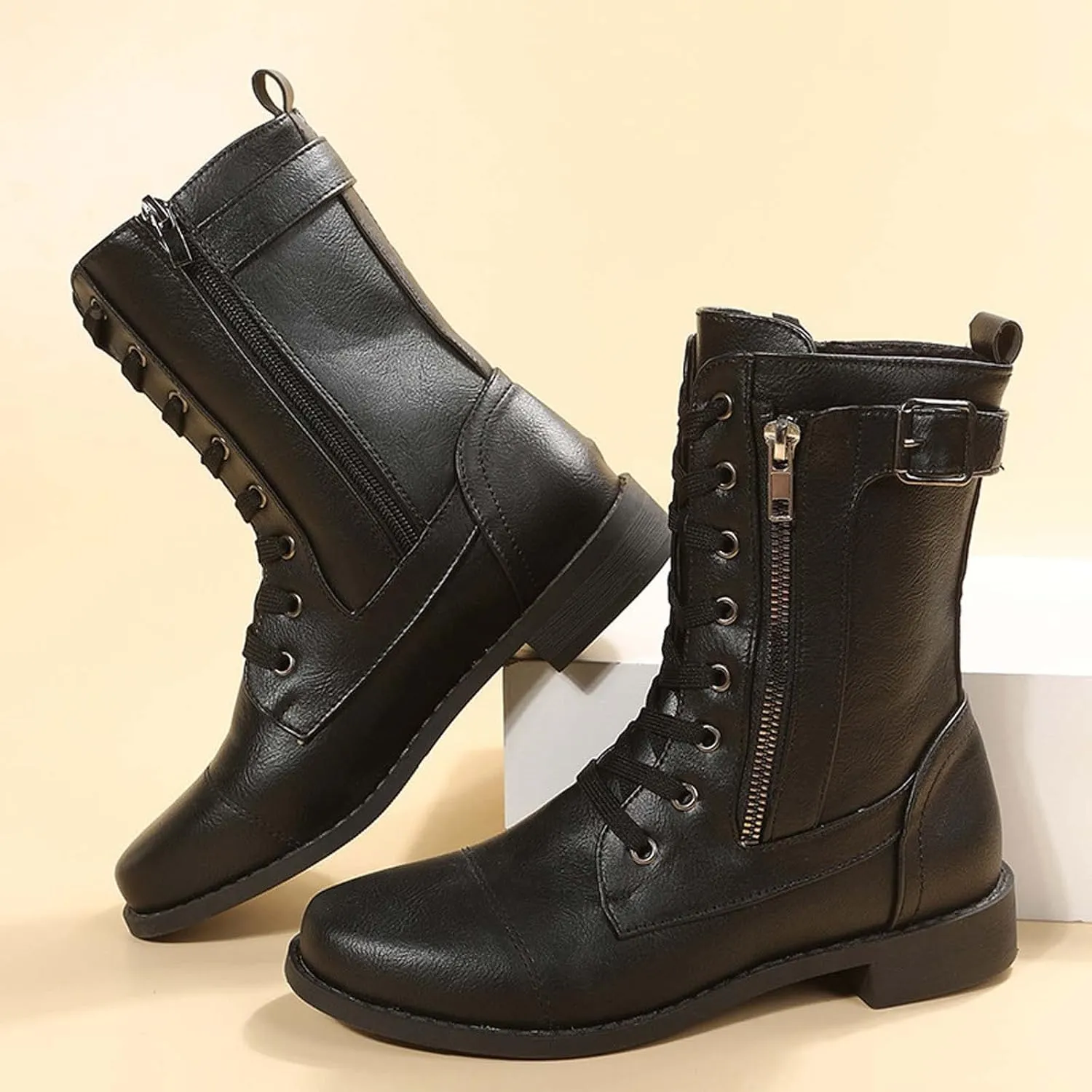 oiangi Womens Winter Boots 2022 Fashion Round Toe Lace Up Side Zipper Belt Buckle Block Chunky Low Heel Mid Calf Boots Solid Dressy Casual Comfy Ladies Shoes