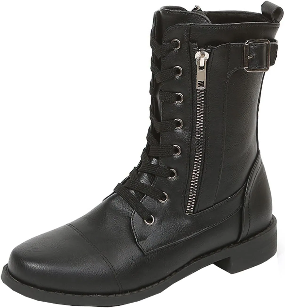 oiangi Womens Winter Boots 2022 Fashion Round Toe Lace Up Side Zipper Belt Buckle Block Chunky Low Heel Mid Calf Boots Solid Dressy Casual Comfy Ladies Shoes