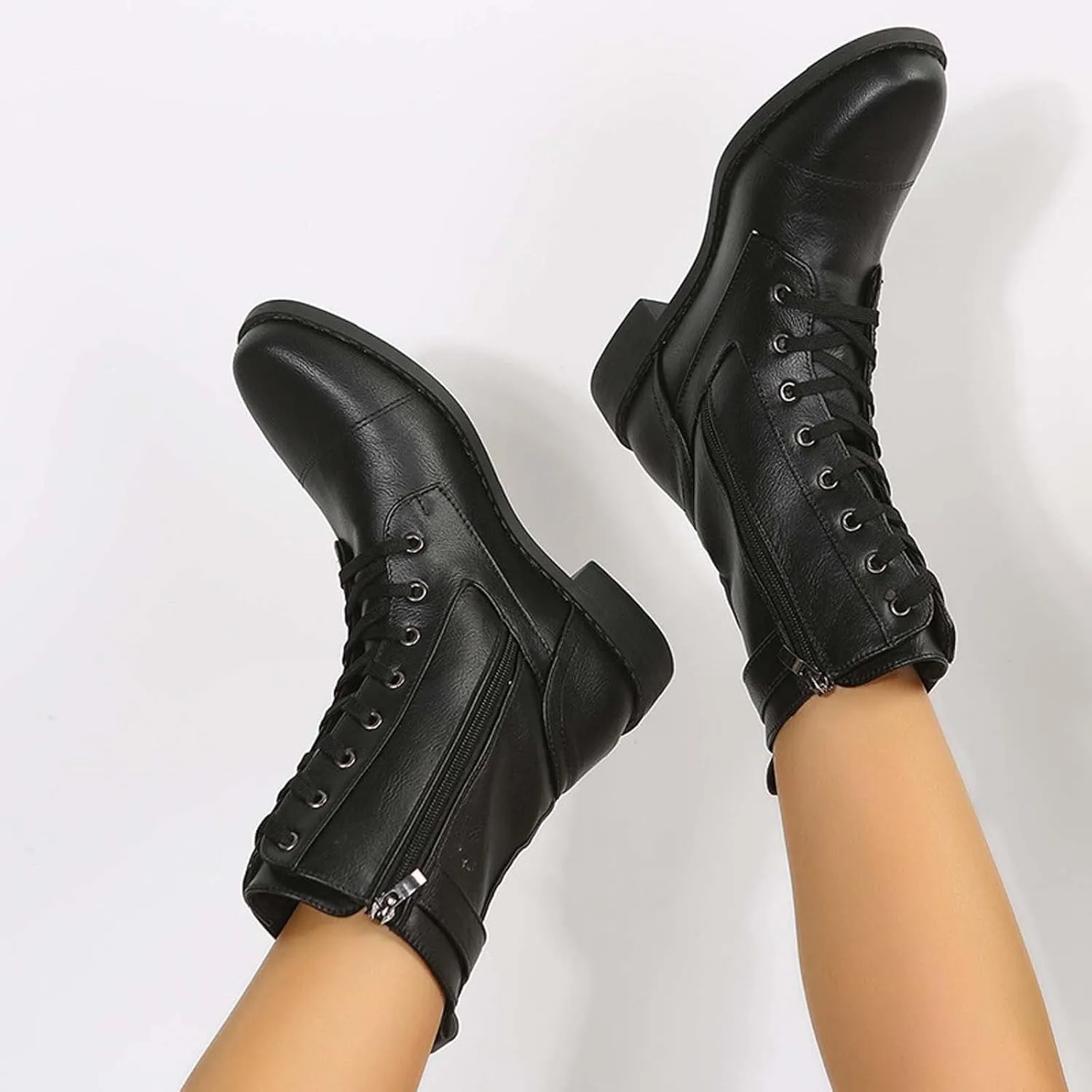 oiangi Womens Winter Boots 2022 Fashion Round Toe Lace Up Side Zipper Belt Buckle Block Chunky Low Heel Mid Calf Boots Solid Dressy Casual Comfy Ladies Shoes