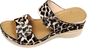 Orthopedic Sandals for Women Wide Width Arch Support Walking Slippers Leopard Anti-Slip Comfortable Wedge Sandals Open Toe Slingback Supportive Orthotic Breathable Lightweight Beach Slipper