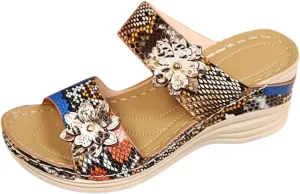 Orthopedic Sandals for Women Wide Width Arch Support Walking Slippers Leopard Anti-Slip Comfortable Wedge Sandals Open Toe Slingback Supportive Orthotic Breathable Lightweight Beach Slipper