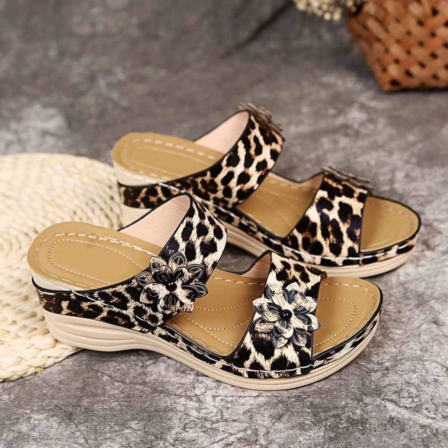 Orthopedic Sandals for Women Wide Width Arch Support Walking Slippers Leopard Anti-Slip Comfortable Wedge Sandals Open Toe Slingback Supportive Orthotic Breathable Lightweight Beach Slipper