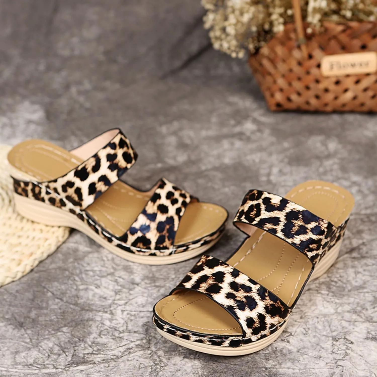 Orthopedic Sandals for Women Wide Width Arch Support Walking Slippers Leopard Anti-Slip Comfortable Wedge Sandals Open Toe Slingback Supportive Orthotic Breathable Lightweight Beach Slipper