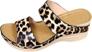 Orthopedic Sandals for Women Wide Width Arch Support Walking Slippers Leopard Anti-Slip Comfortable Wedge Sandals Open Toe Slingback Supportive Orthotic Breathable Lightweight Beach Slipper