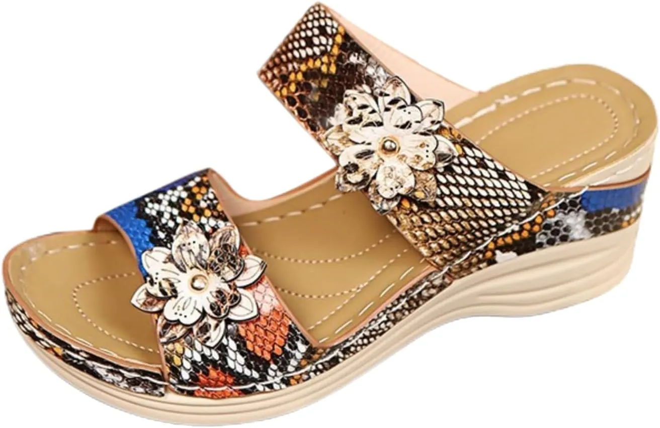 Orthopedic Sandals for Women Wide Width Arch Support Walking Slippers Leopard Anti-Slip Comfortable Wedge Sandals Open Toe Slingback Supportive Orthotic Breathable Lightweight Beach Slipper