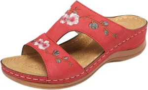 Orthopedic Sandals for Women Wide Width Walking Comfortable Wedge Slippers with Arch Support Flower Hollow Platform Slides Flip Flops Breathable Anti-Slip Vintage Dressy Summer Fashion Flat Slippers