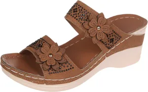Orthopedic Sandals with Arch Support Flip Flops for Women Wedge Walking Slippers Anti-Slip Breathable Sandal Dressy Summer Orthotic Comfortable Hook&Loop Flower Black Sandals Beach Travel Sandal Shoes