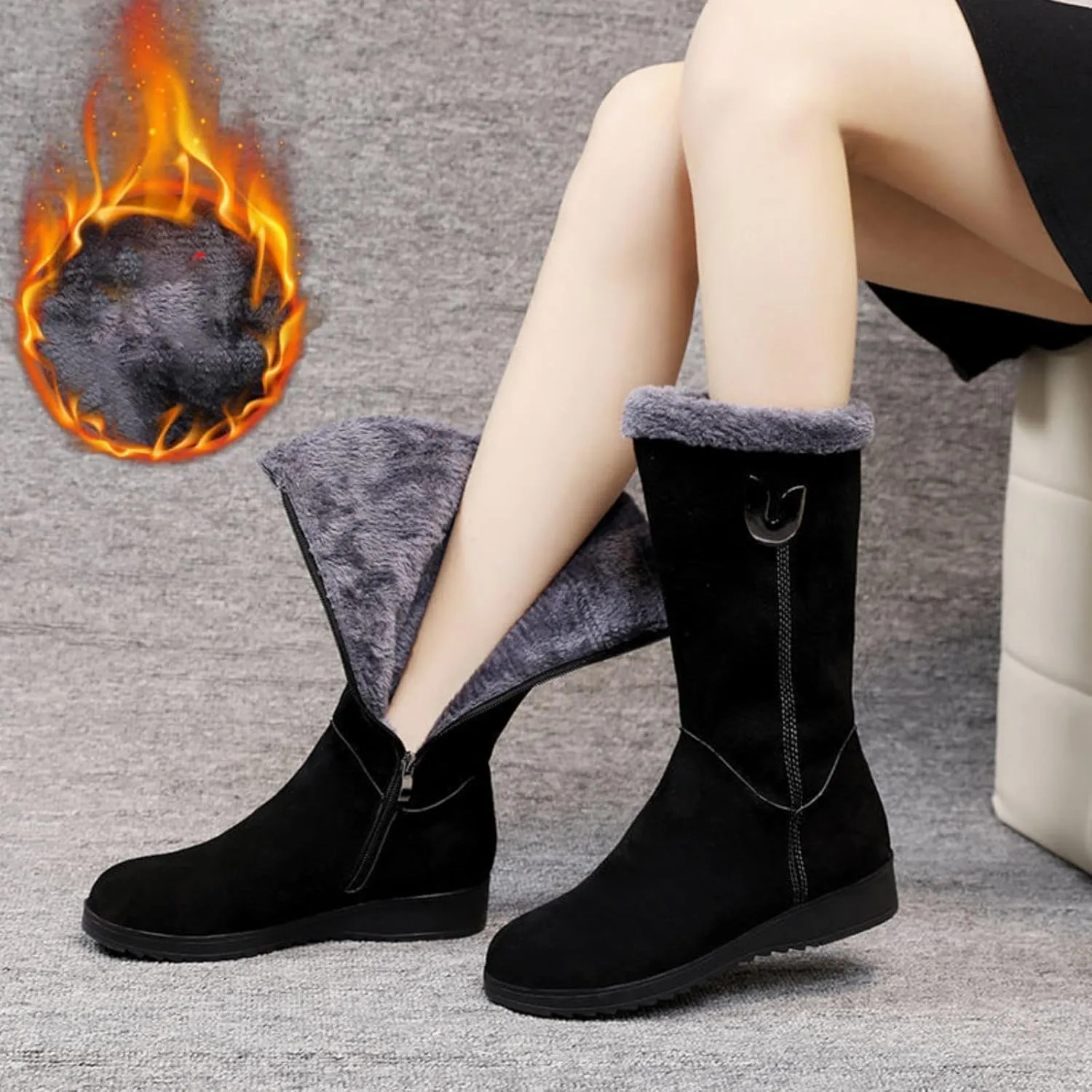 Plush Snow Boots for Women Fashionable Versatile Mid Calf Boots Fleece Lined Warm Wedge Knee High Snow Boot for Women