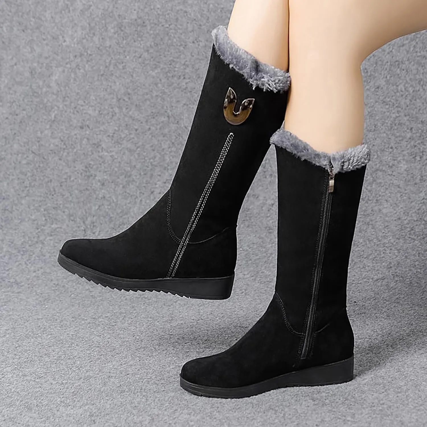 Plush Snow Boots for Women Fashionable Versatile Mid Calf Boots Fleece Lined Warm Wedge Knee High Snow Boot for Women