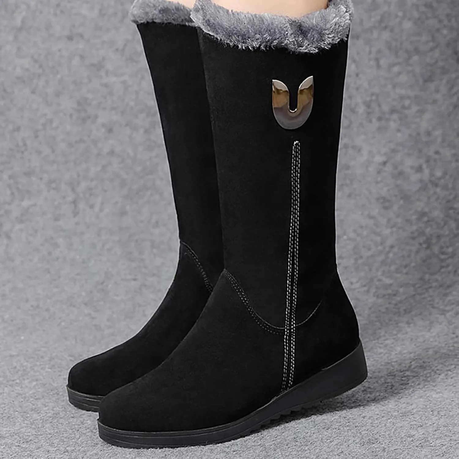 Plush Snow Boots for Women Fashionable Versatile Mid Calf Boots Fleece Lined Warm Wedge Knee High Snow Boot for Women
