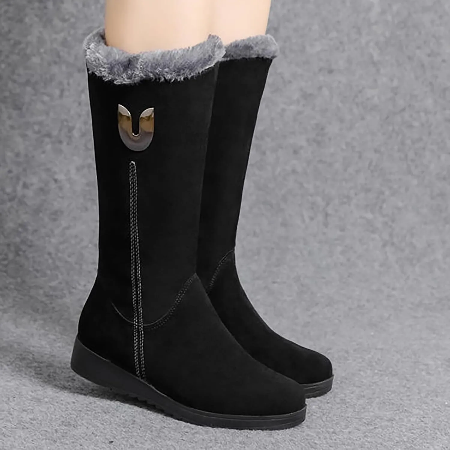 Plush Snow Boots for Women Fashionable Versatile Mid Calf Boots Fleece Lined Warm Wedge Knee High Snow Boot for Women