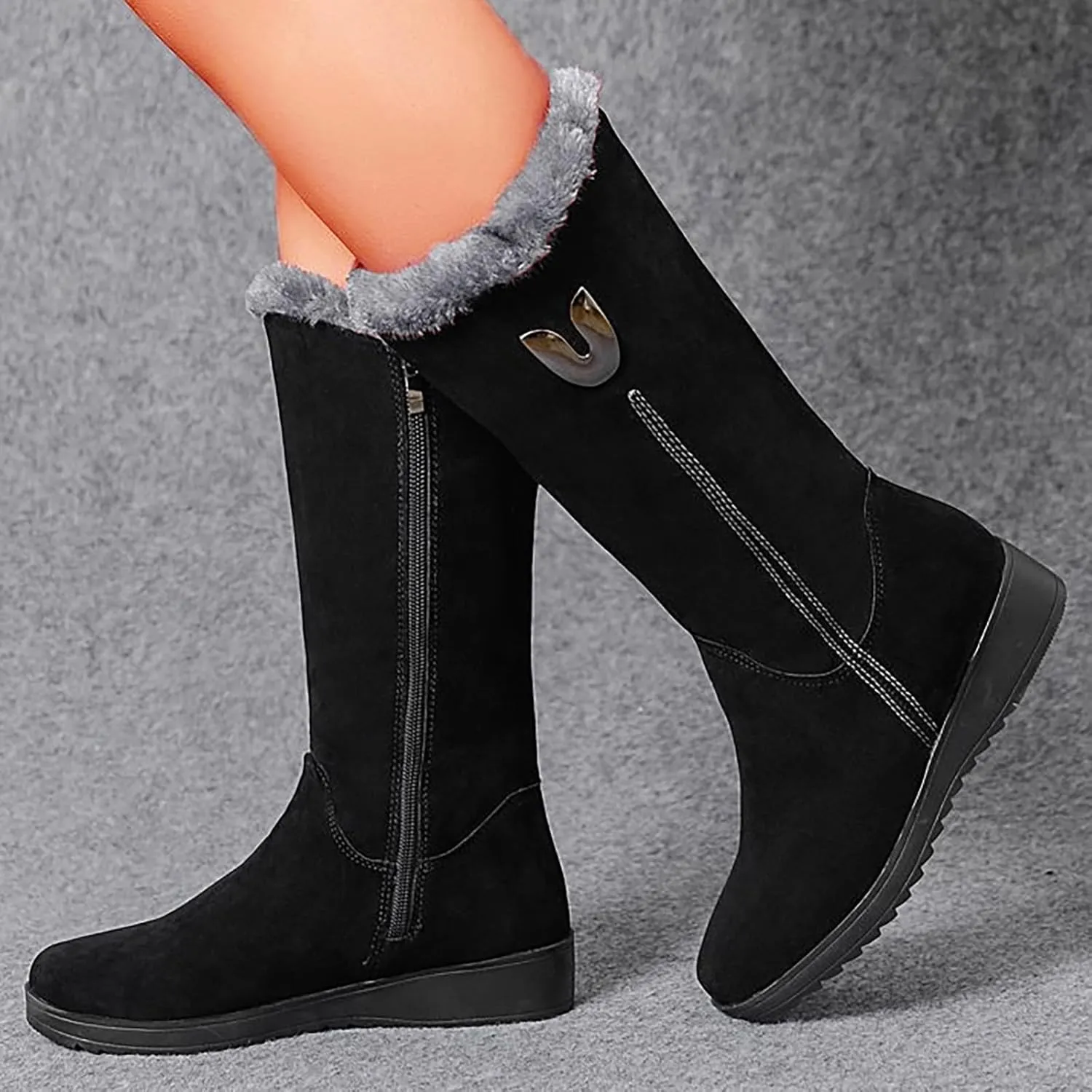 Plush Snow Boots for Women Fashionable Versatile Mid Calf Boots Fleece Lined Warm Wedge Knee High Snow Boot for Women