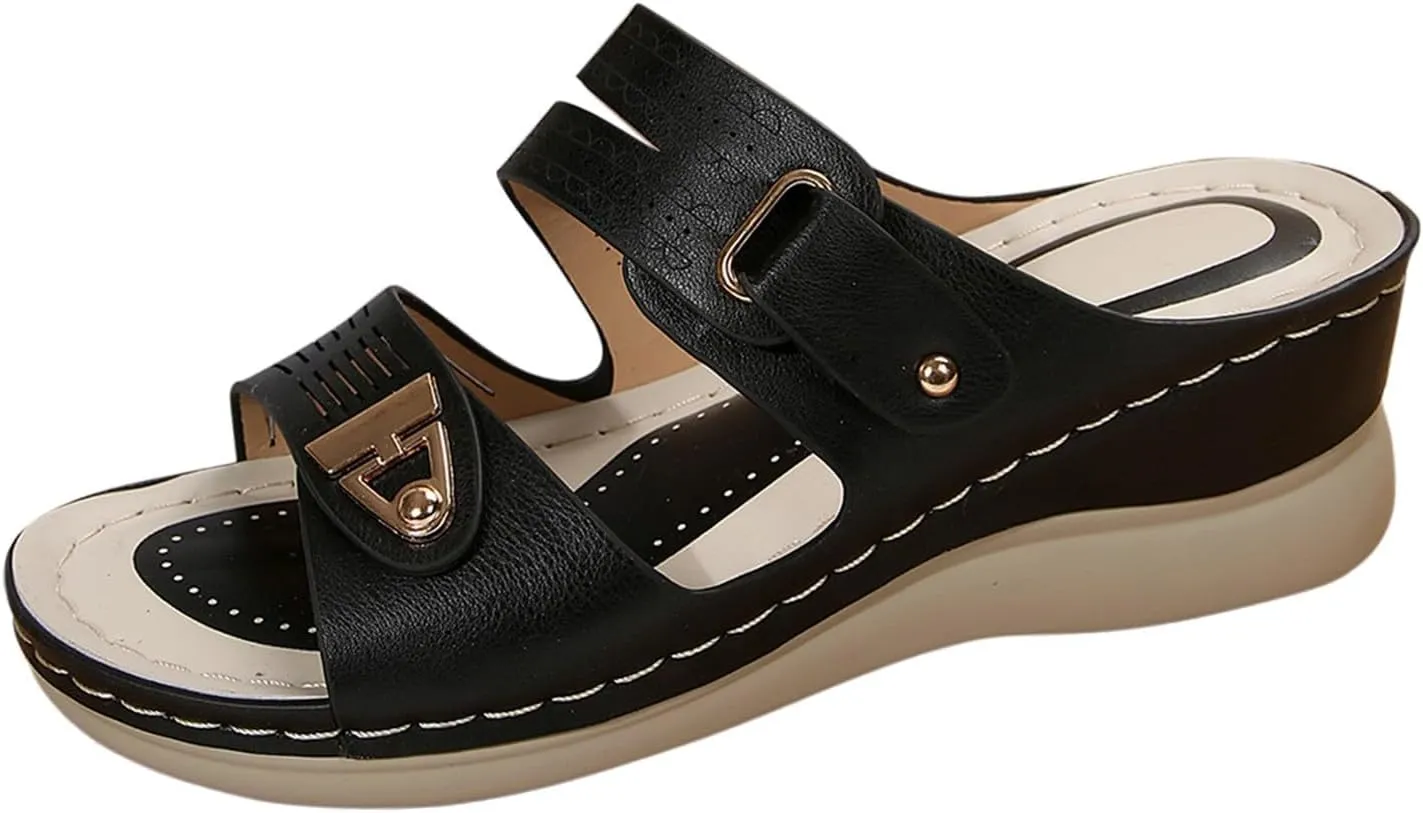 Sandals for Women 2025 Wedge Slides Dressy Summer Comfortable Open Toe Slip on Wedge Sandals with Arch Support Orthopedic Bunion Sandal Breathable Walking Beach Slippers Diabetic Wedge Slippers