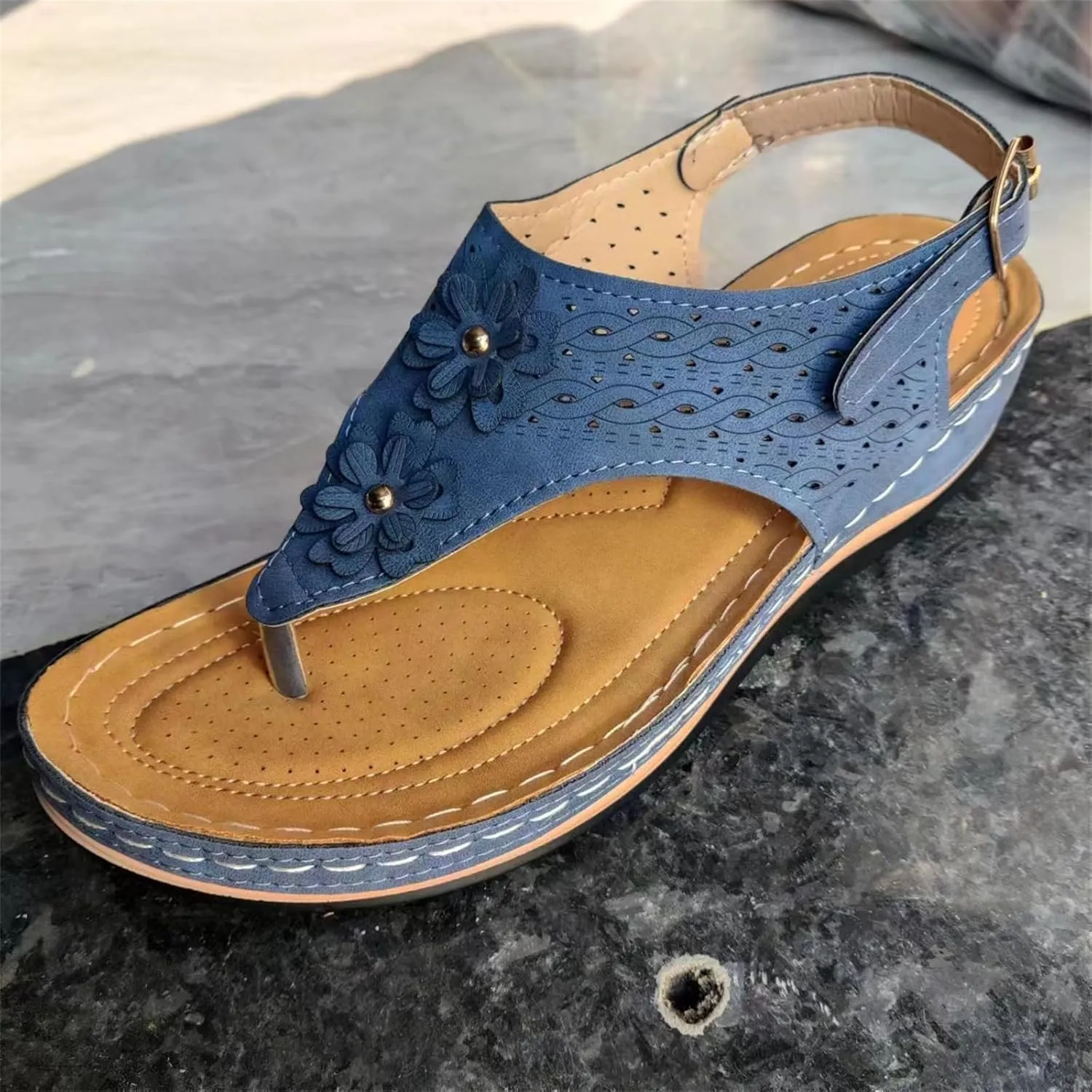 Sandals for Women Wedge Shoes Comfortable Orthopedic Dressy Summer Flip Flops Casual Walking Wedges Sandal Double Flowers Decor Comfort Adjustable Strap Lightweight Beach Solid Work Going Out Shoes