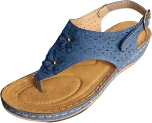 Sandals for Women Wedge Shoes Comfortable Orthopedic Dressy Summer Flip Flops Casual Walking Wedges Sandal Double Flowers Decor Comfort Adjustable Strap Lightweight Beach Solid Work Going Out Shoes