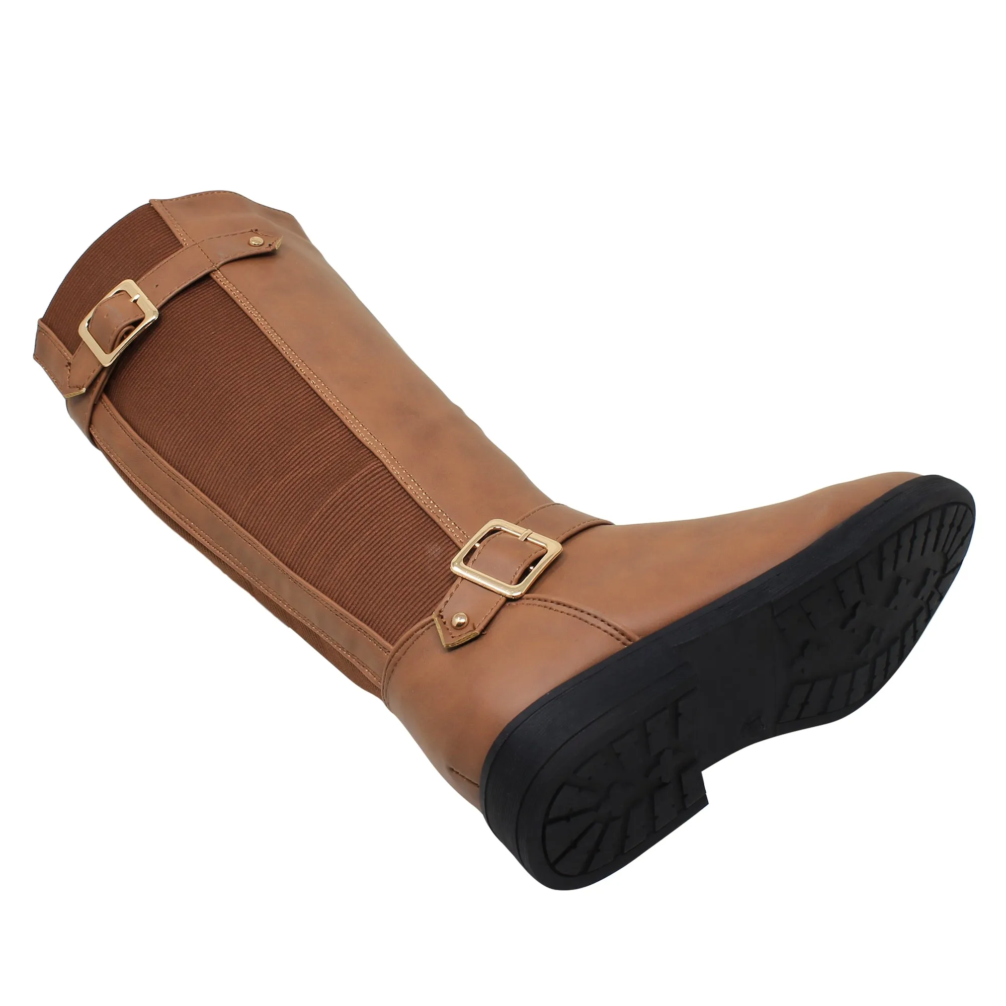 SOBEYO Girl's Knee-High Riding Boots Back Elastics Camel