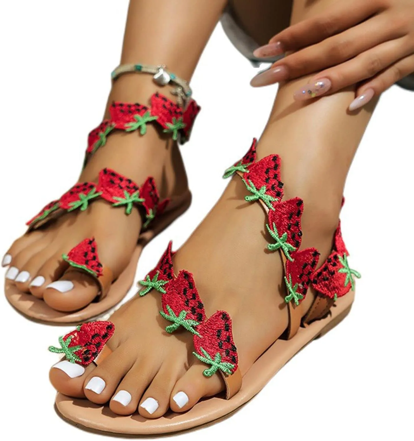 Summer Flat Sandals for Women Fashion Slide Sandals Womens Beach Dressy Strappy Sandal with Toe Ring Bohemian Elegant Walking Comfortable Breathable Lightweight Flats Sandal Trendy Going Out Shoes