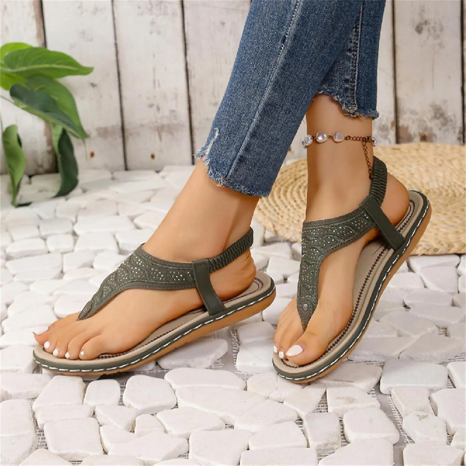 Thong Flat Sandals, Casual Women T-Strap Dress Sandals Comfortable Orthopedic Open Toe Slides Sandal T-Strap and Elastic Ankle Strap Summer Beach Walking Shoes