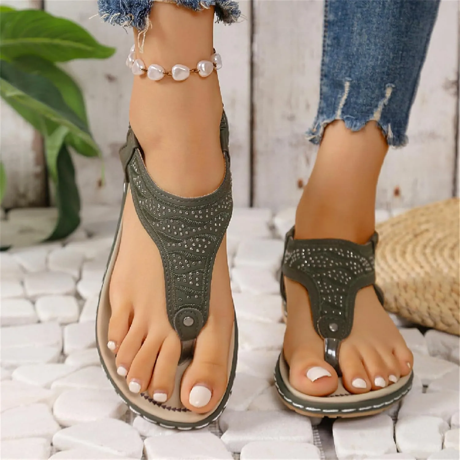 Thong Flat Sandals, Casual Women T-Strap Dress Sandals Comfortable Orthopedic Open Toe Slides Sandal T-Strap and Elastic Ankle Strap Summer Beach Walking Shoes