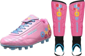 Vizari Blossom Soccer Cleats (13) & Shinguards (M) Combo | Firm Ground Cleats with Superior Traction & Lightweight Shin Guards with Detachable Ankle Protection | Perfect Youth Soccer Set for Performan