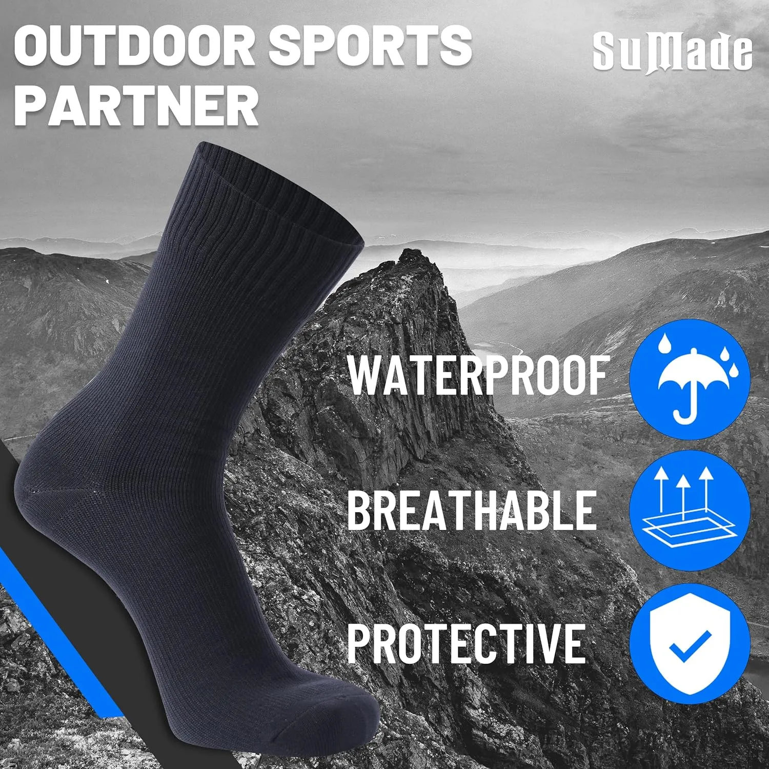 Waterproof Socks, Unisex Men Women Breathable Dry Fit Moisture Wicking Hiking Cycling Kayaking Crew Socks
