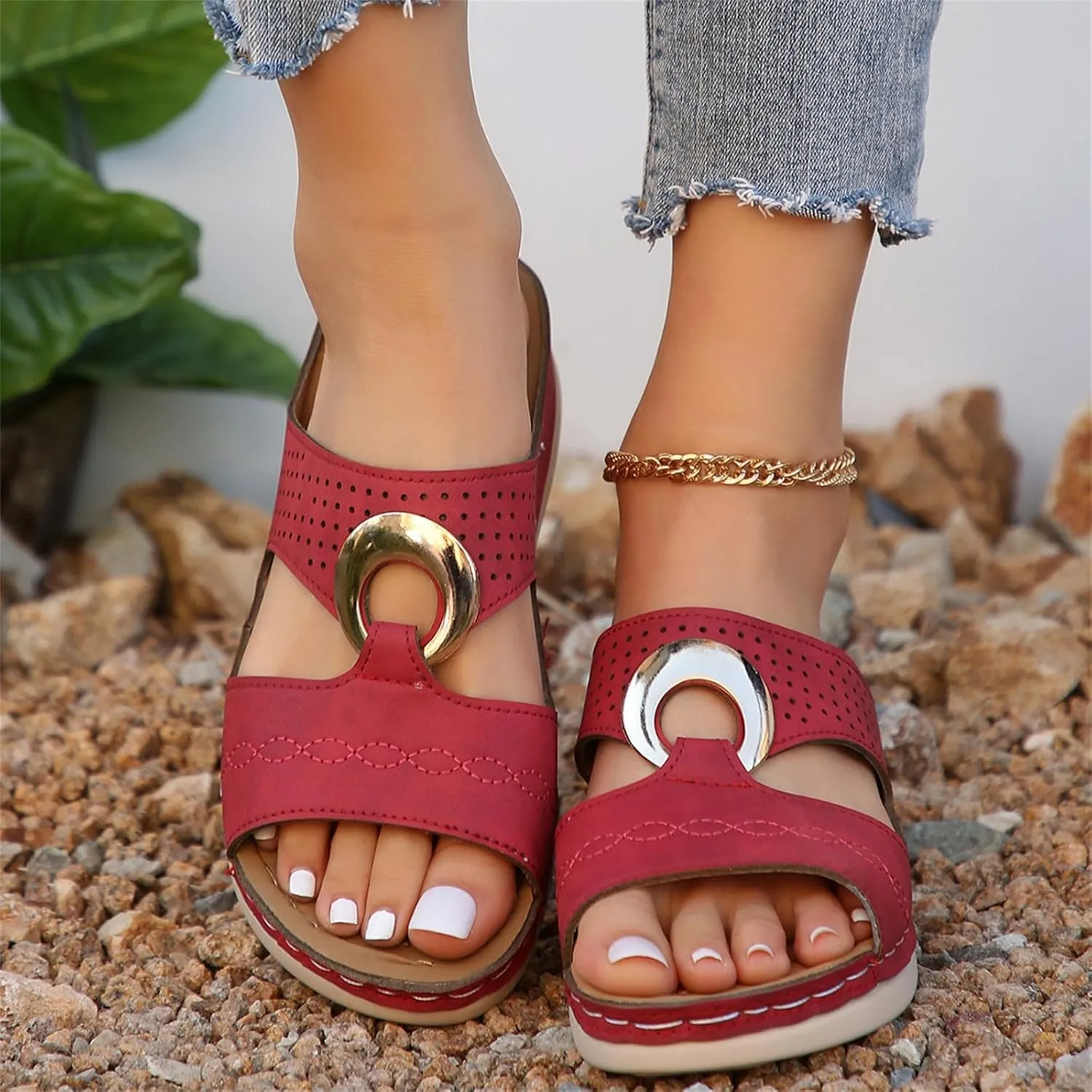Wedge Sandals for Women Comfortable Platform Slip on Shoes Sandals Dressy Summer Orthopedic Open Toe Thick Soled Ortho Supportive Arch Wedge Slingback Slippers Beach Travel Cute Going Out Slipper