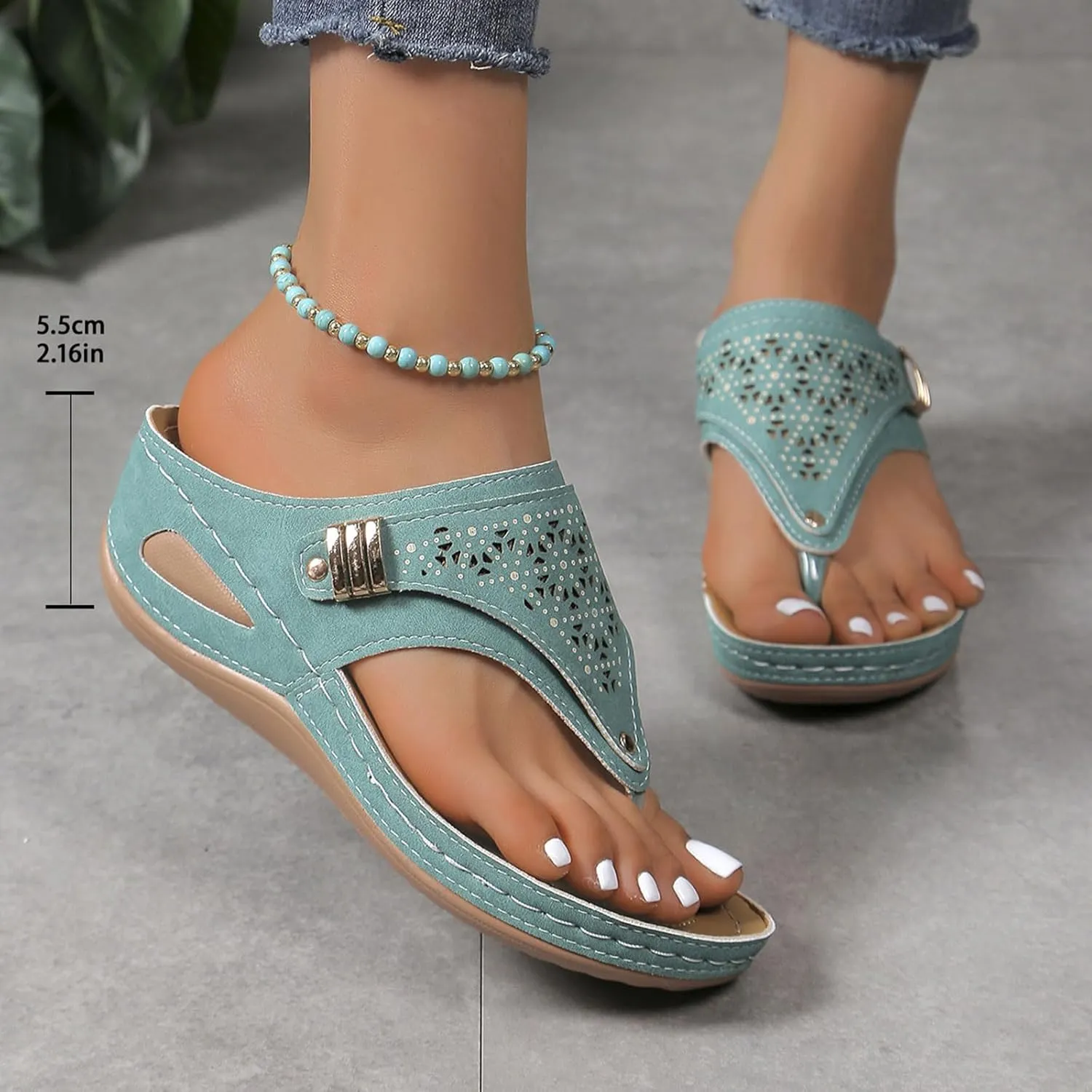 Wedge Sandals for Women Dressy with Arch Support Orthopedic Slip on Comfortable Cushion Footbed Platform Flip Flops Ortho Mesh Hollow Open Toe Beach Waterproof Flip-Flops